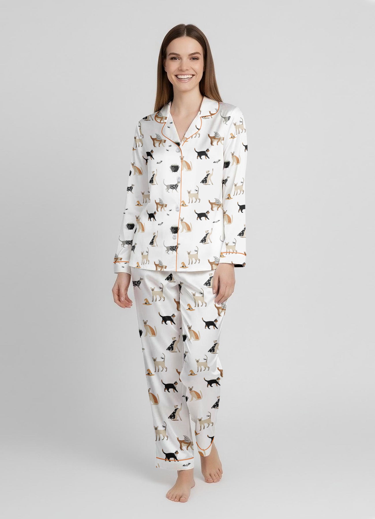 Women’s Halloween Cat Party Satin Pajama Set – Long Sleeve Matching PJs