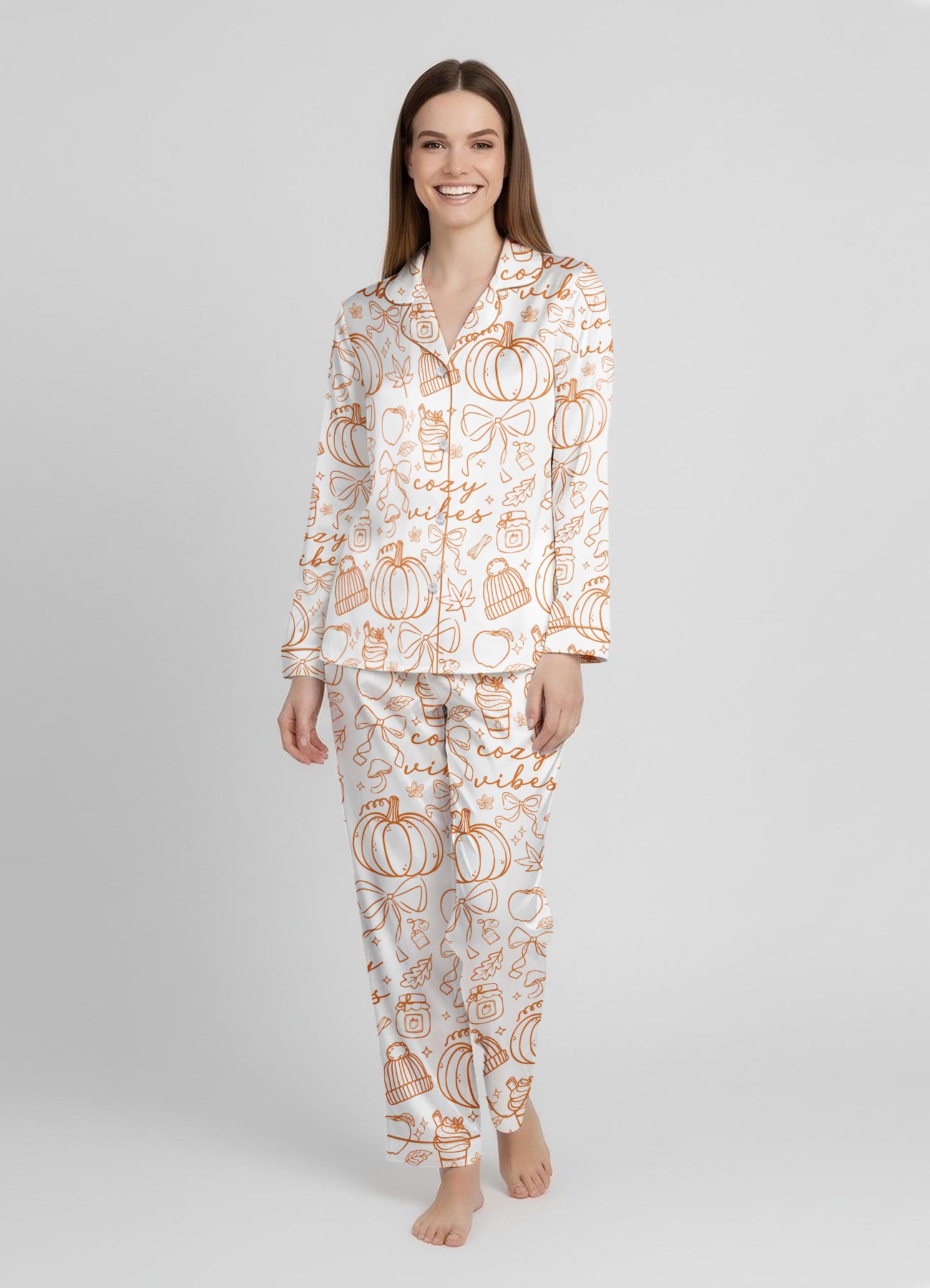 Women’s Coquette Pumpkin Spice Satin Pajama Set – Fall Cozy Matching PJs