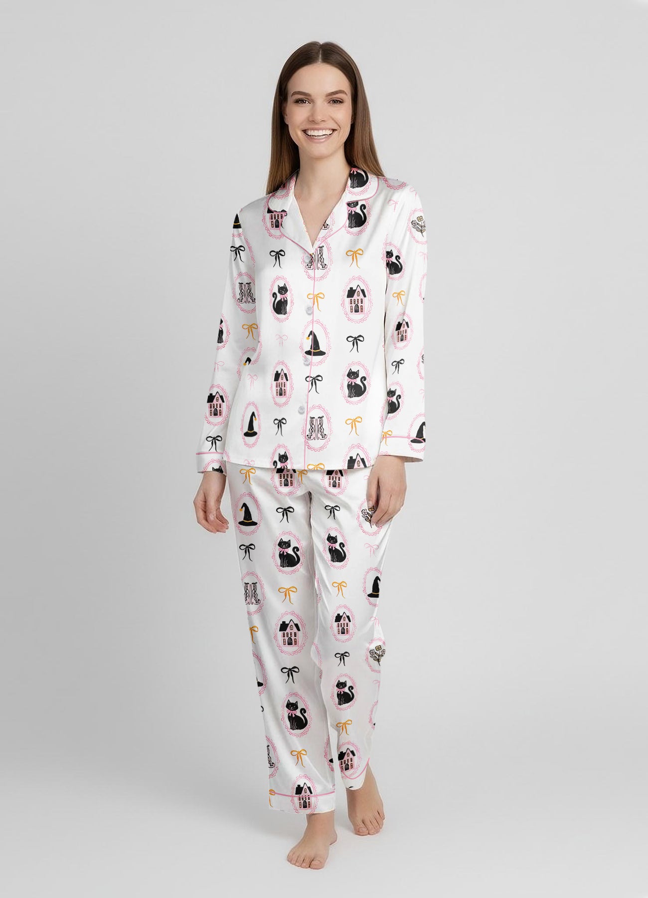 Cute Pink And Black Coquette Bow Halloween Black Cat Satin Pajama Set