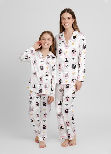 Cute Pink And Black Coquette Bow Halloween Black Cat Satin Pajama Set