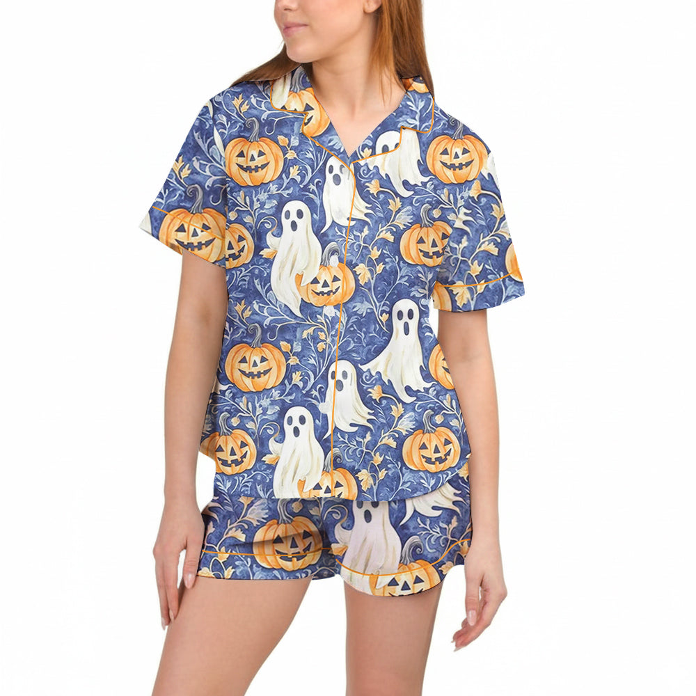 Women’s Ghost & Pumpkin Pajama Set – Preppy Halloween Satin Sleepwear