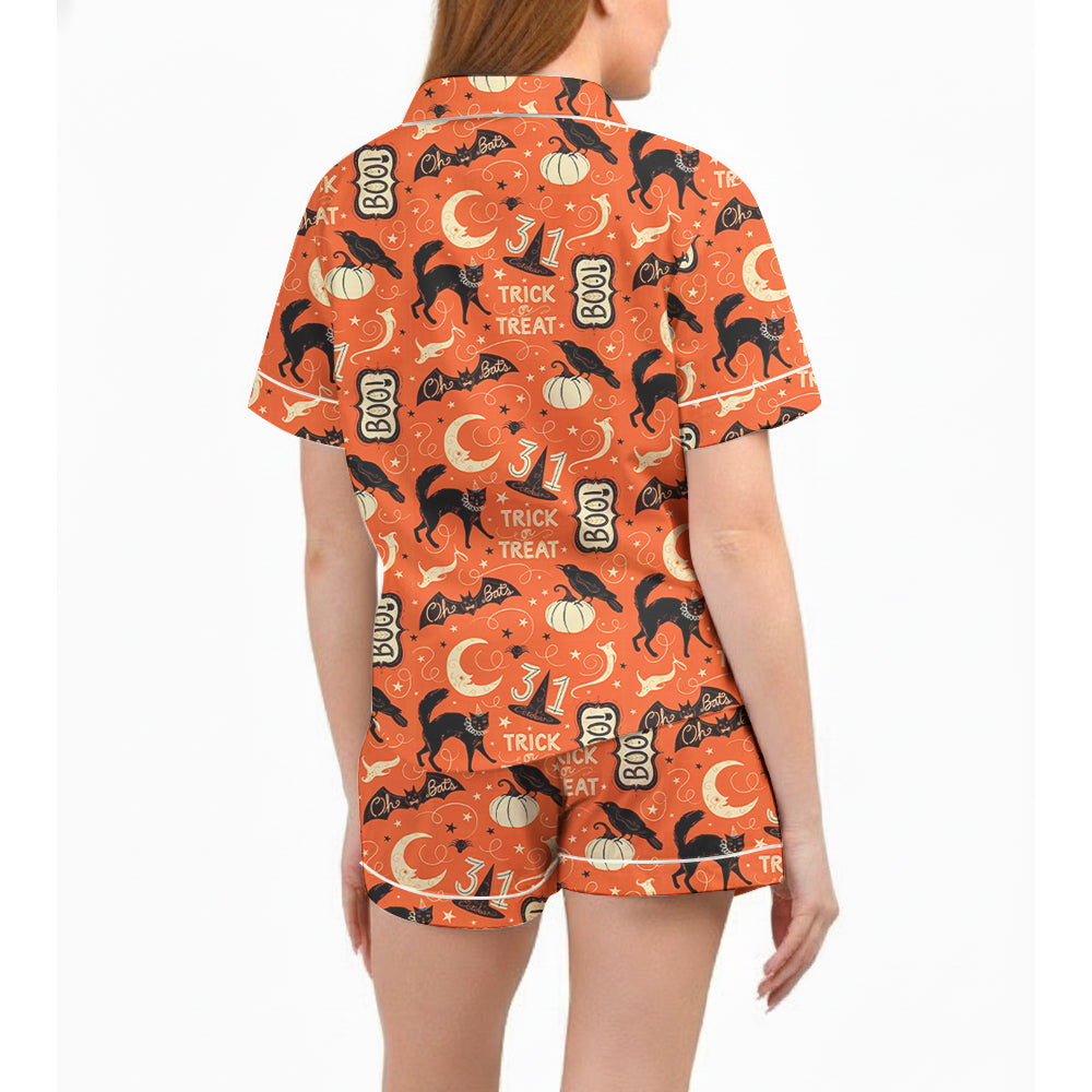 Halloween Vintage Halloween Trick Or Treat Boo Black Cat Pumpkin Bat Pajama Set