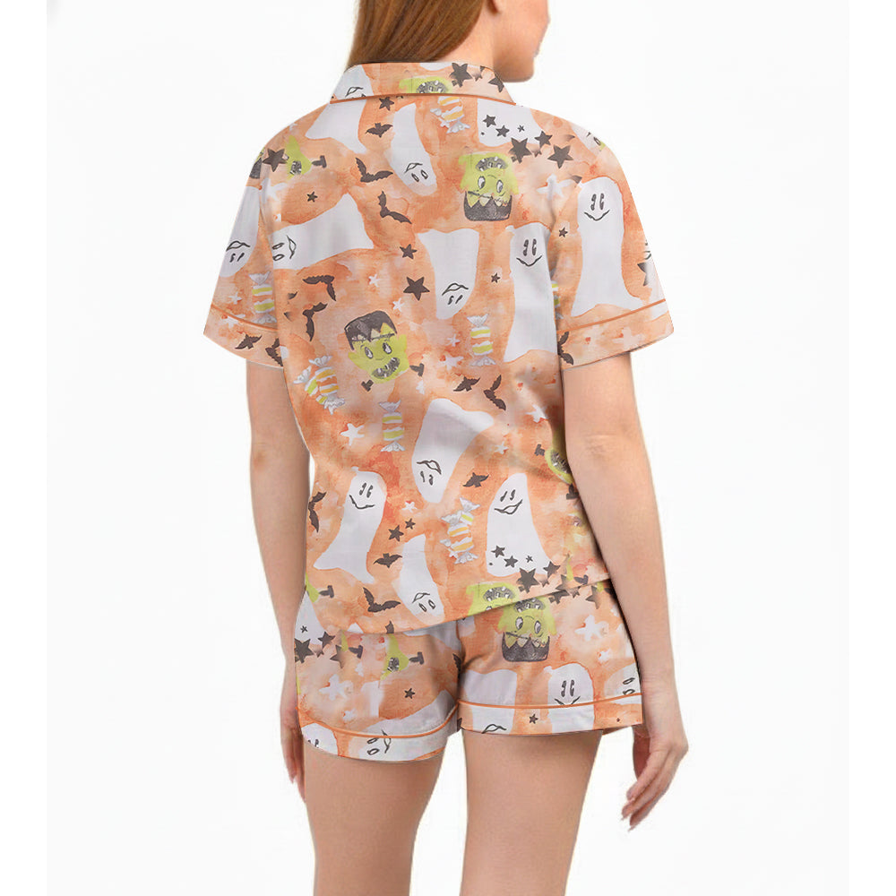 Starry Ghost Spooky Halloween Cute Ghost Aesthetics Pastel Halloween Print Satin Pajama Set