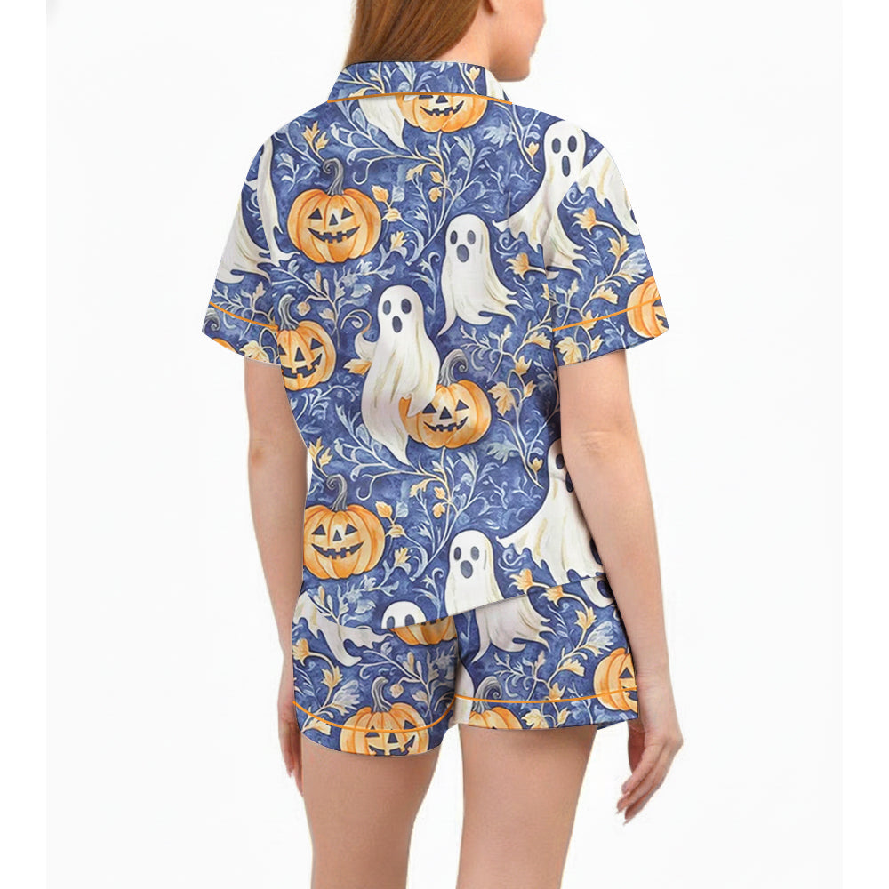 Women’s Ghost & Pumpkin Pajama Set – Preppy Halloween Satin Sleepwear