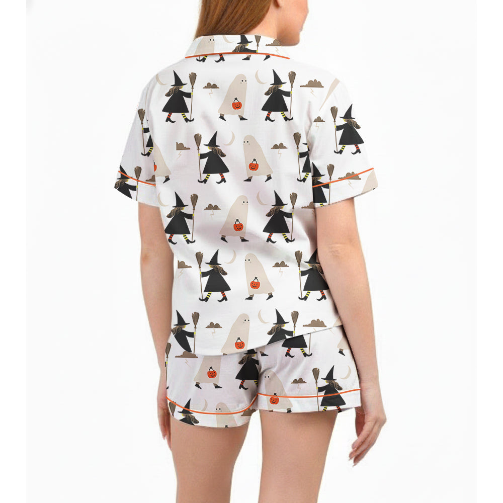 Women’s Halloween Pajama Set – Witch with Broom & Ghost with Pumpkin Satin PJs