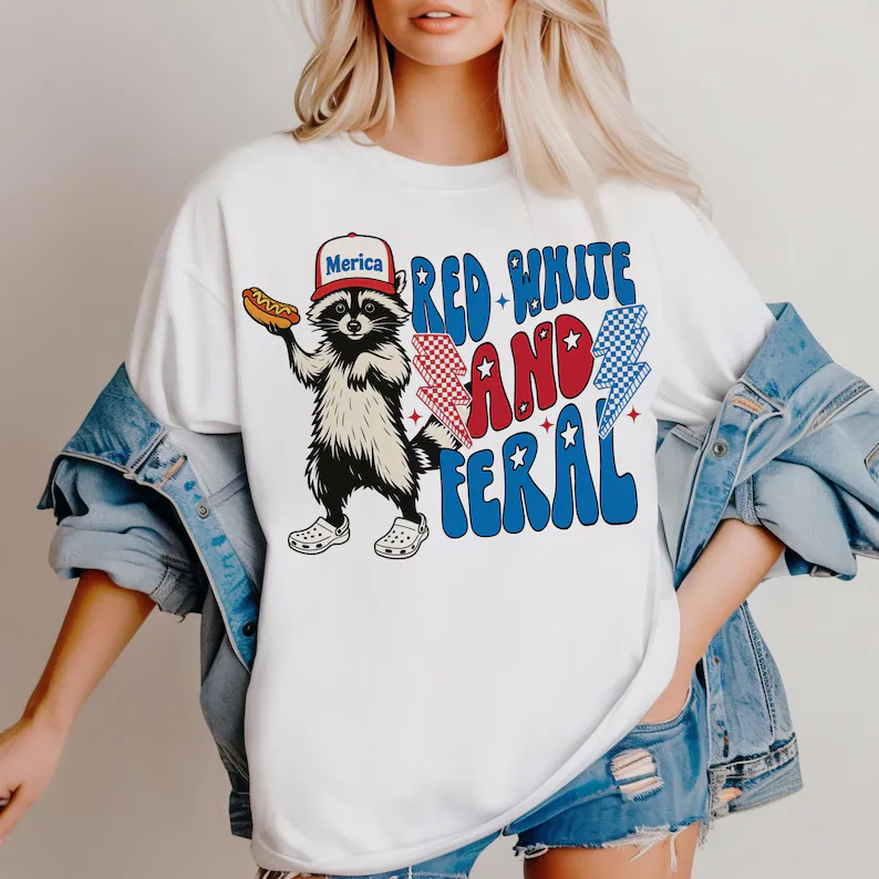 Red White and Feral T-Shirt – Funny Raccoon 4th of July Tee