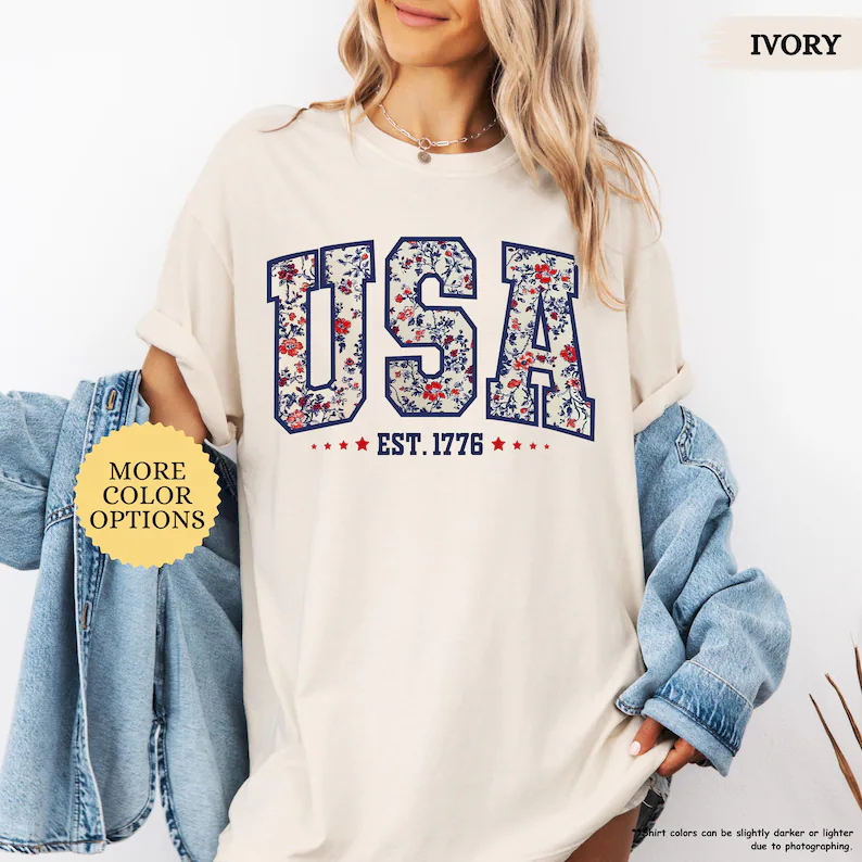 Floral USA 1776 Shirt – Comfort Colors Patriotic Women’s Tee