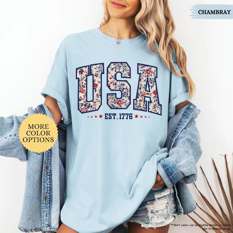 Floral USA 1776 Shirt – Comfort Colors Patriotic Women’s Tee