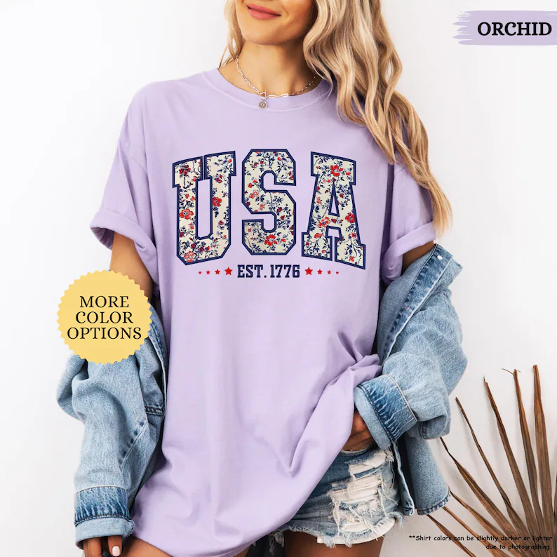 Floral USA 1776 Shirt – Comfort Colors Patriotic Women’s Tee