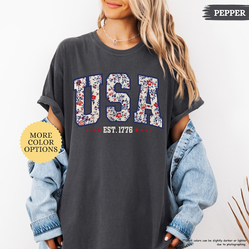 Floral USA 1776 Shirt – Comfort Colors Patriotic Women’s Tee
