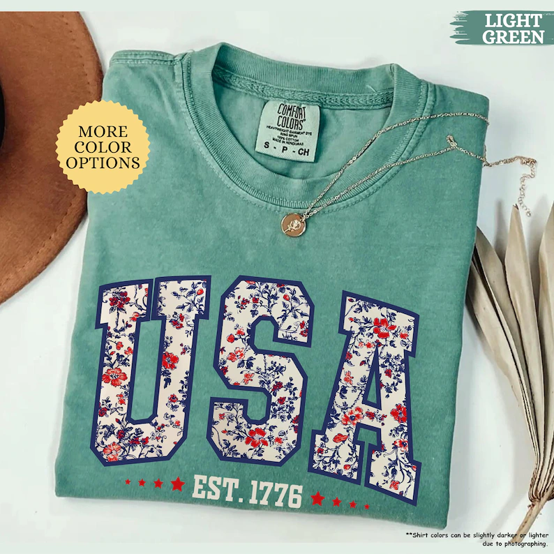 Floral USA 1776 Shirt – Comfort Colors Patriotic Women’s Tee