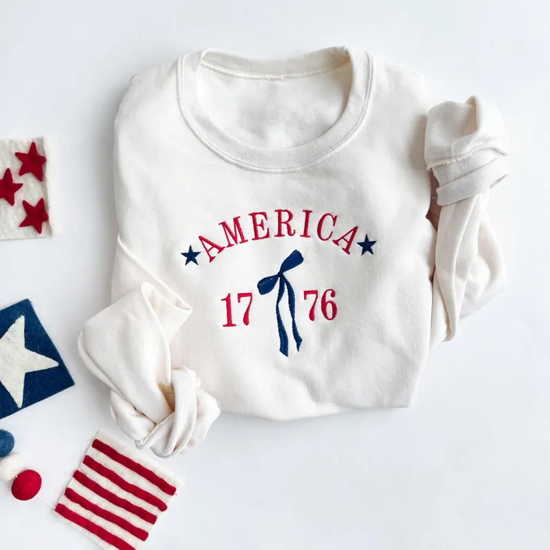 Coquette Bow 1776 Embroidered Crewneck – Cute Patriotic 4th of July Sweatshirt