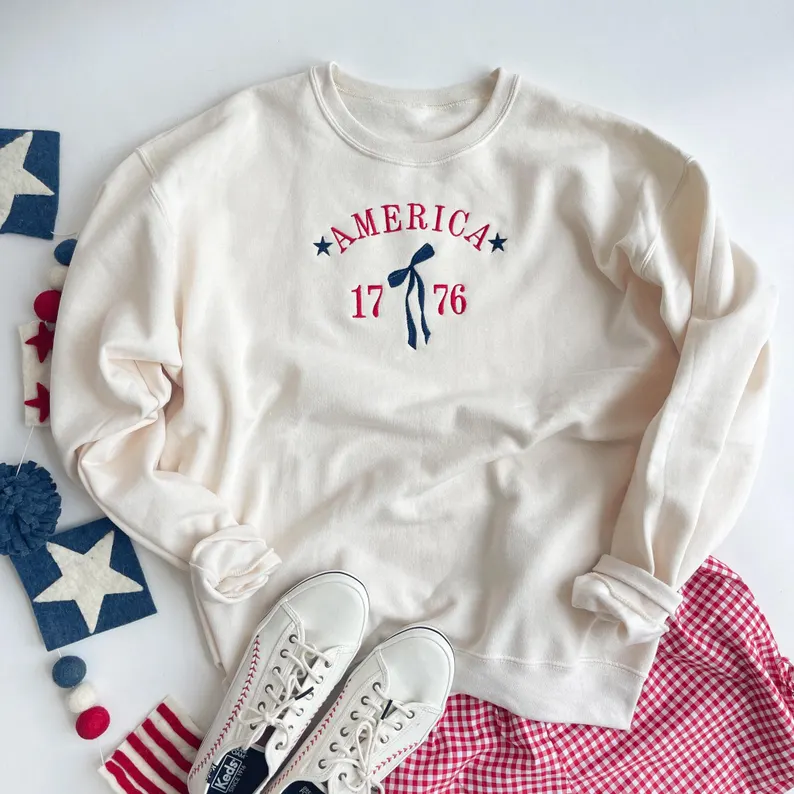 Coquette Bow 1776 Embroidered Crewneck – Cute Patriotic 4th of July Sweatshirt