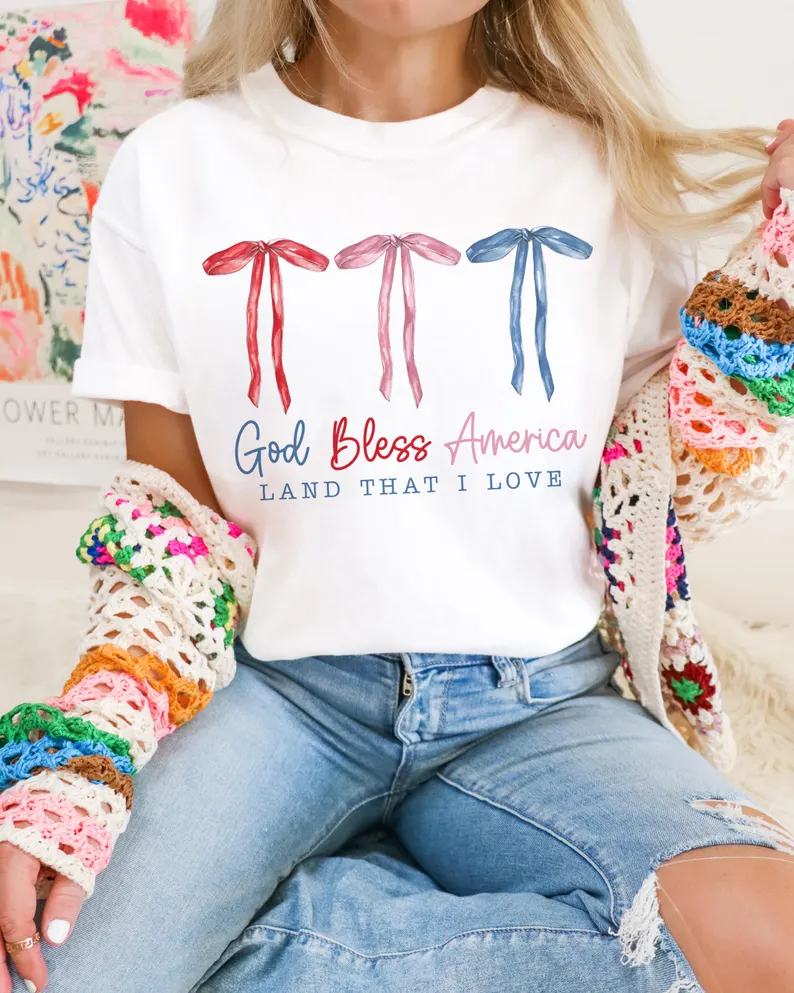 Coquette 4th of July Shirt – God Bless America Bow Tee