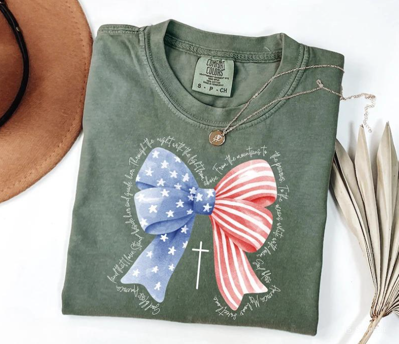 Patriotic Coquette Bow Tee – God Bless America 4th of July Shirt Comfort Colors®