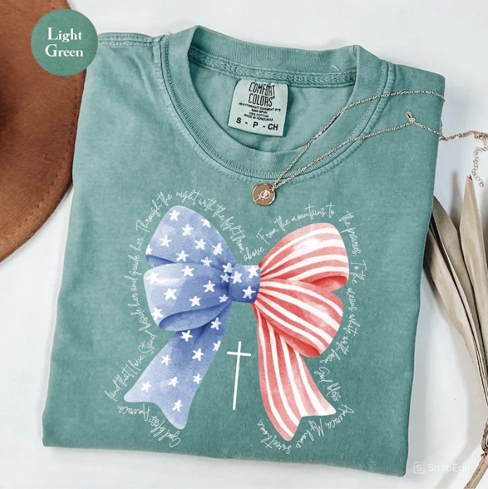 Patriotic Coquette Bow Tee – God Bless America 4th of July Shirt Comfort Colors®