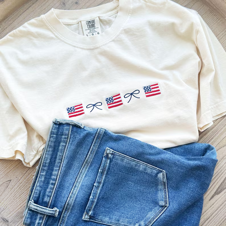 Embroidered Flag & Bow Tee – Coquette 4th of July Shirt Comfort Colors®