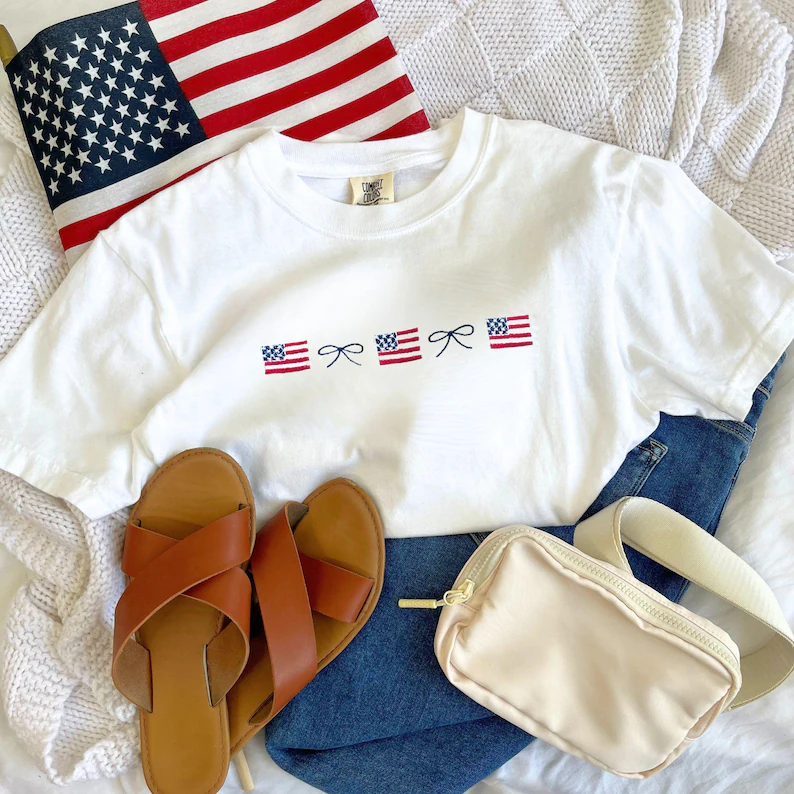 Embroidered Flag & Bow Tee – Coquette 4th of July Shirt Comfort Colors®