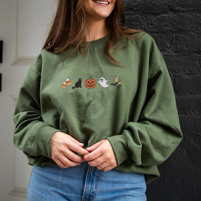 Halloween Icons Ghost Embroidered Fall Crewneck