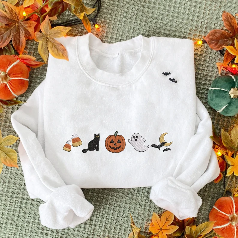 Halloween Icons Ghost Embroidered Fall Crewneck