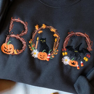 Halloween Boo Sweatshirt with Black Cat & Ghost