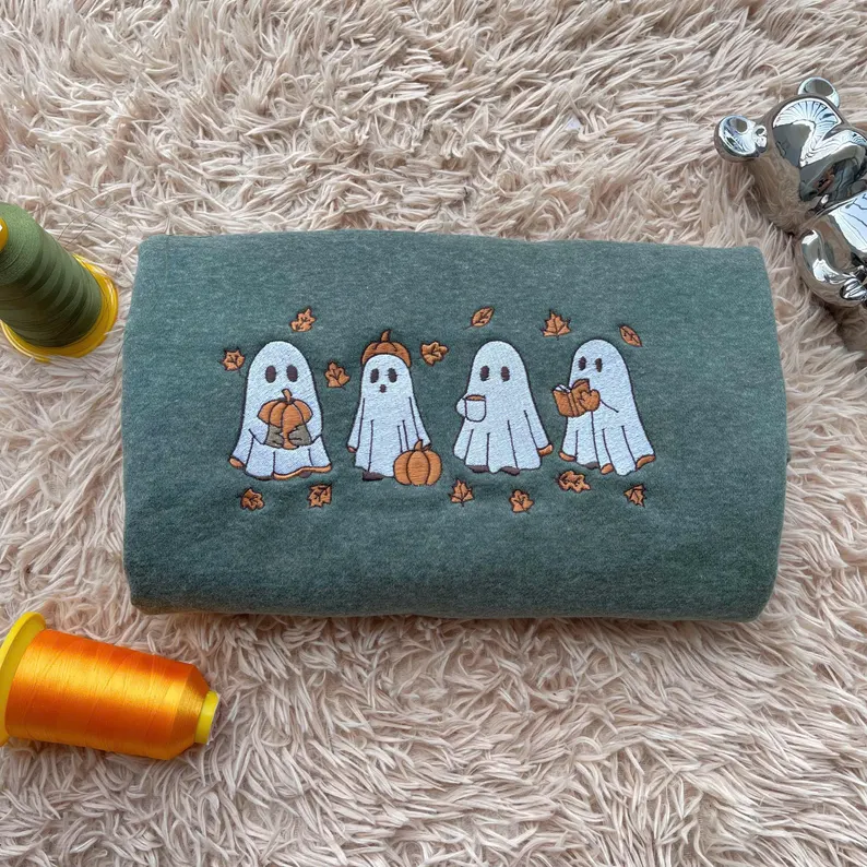 Embroidered Ghost & Pumpkin Fall Premium Sweatshirt Comfort Color