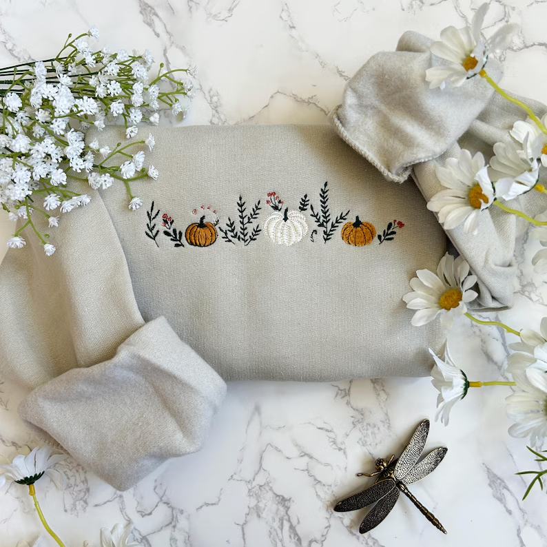 Cozy Fall Pullover – Embroidered Pumpkin & Mushroom Sweatshirt