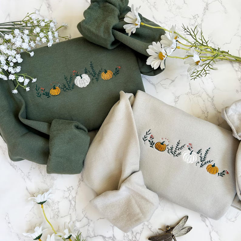 Cozy Fall Pullover – Embroidered Pumpkin & Mushroom Sweatshirt