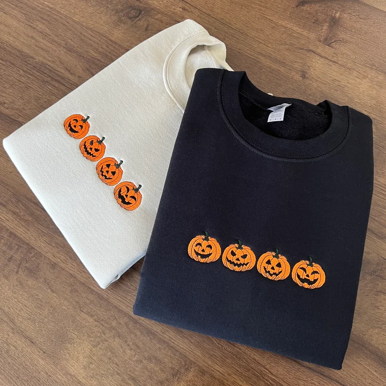 Embroidered Pumpkin Sweatshirt – Halloween Jack-o-Lantern Hoodie & Fall Spooky Season Shirt