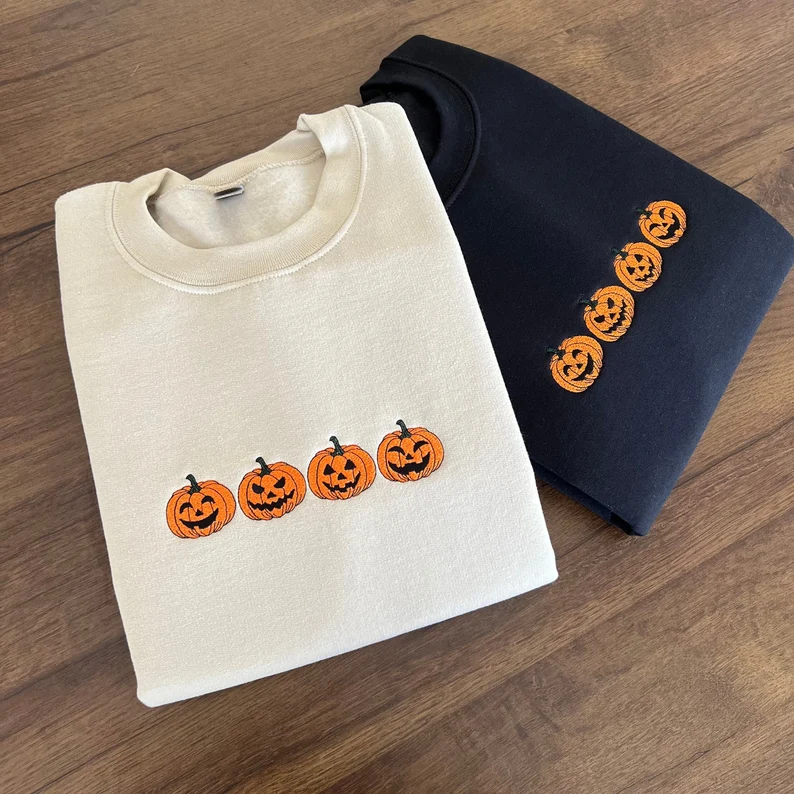 Embroidered Pumpkin Sweatshirt – Halloween Jack-o-Lantern Hoodie & Fall Spooky Season Shirt