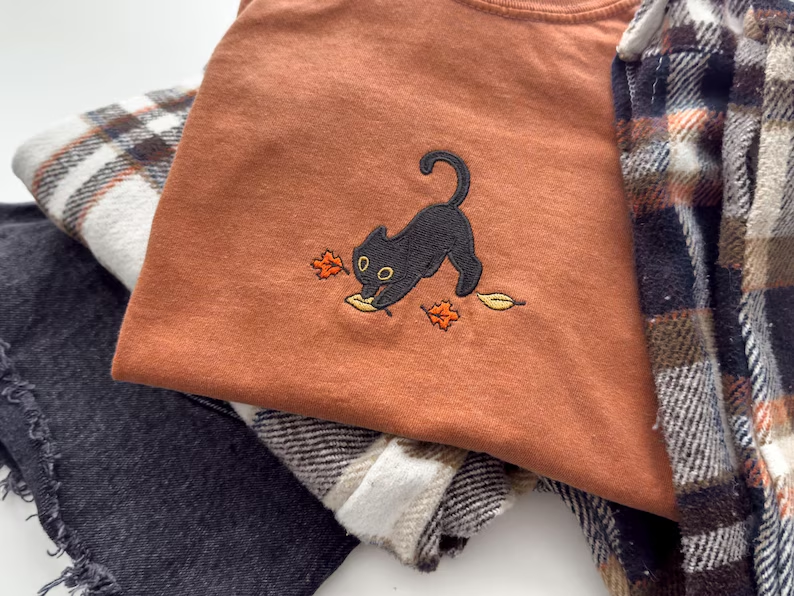 Cute Black Cat Embroidered T-Shirt – Fall Leaves Halloween Crewneck Premium T-Shirt Comfort Color
