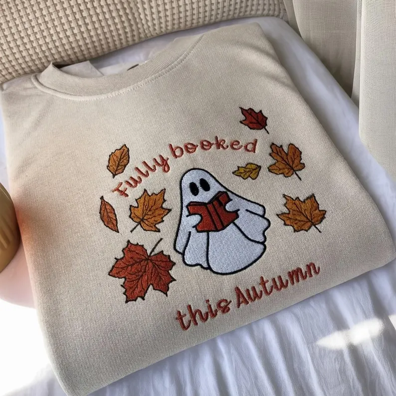 Fully Booked Ghost Embroidered Sweatshirt – Cute Fall Book Lover Halloween Crewneck