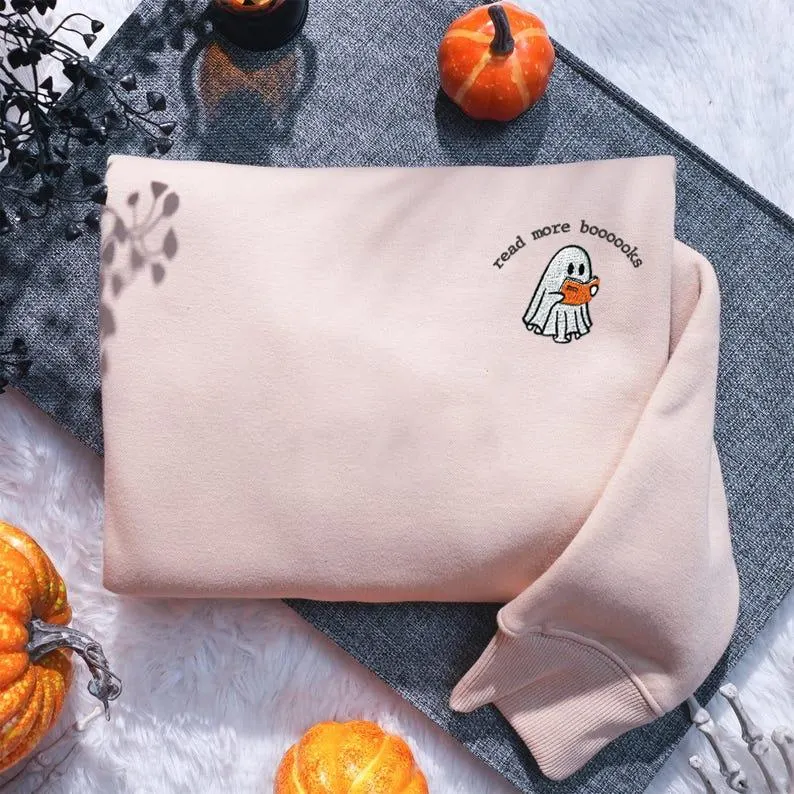 Ghost Reading Books Embroidered Sweatshirt โ Spooky Book Lover Halloween Shirt