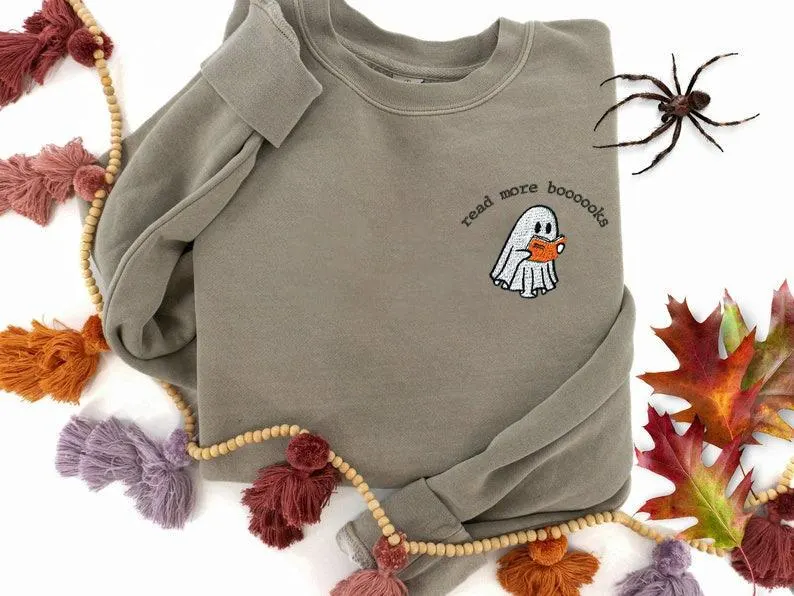 Ghost Reading Books Embroidered Sweatshirt – Spooky Book Lover Halloween Shirt