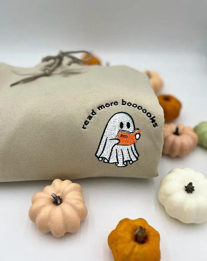 Ghost Reading Books Embroidered Sweatshirt – Spooky Book Lover Halloween Shirt