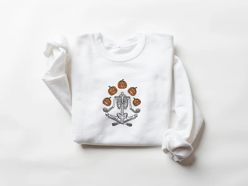 Skeleton Pumpkin Embroidered Sweatshirtโ Spooky Fall Halloween Crewneck