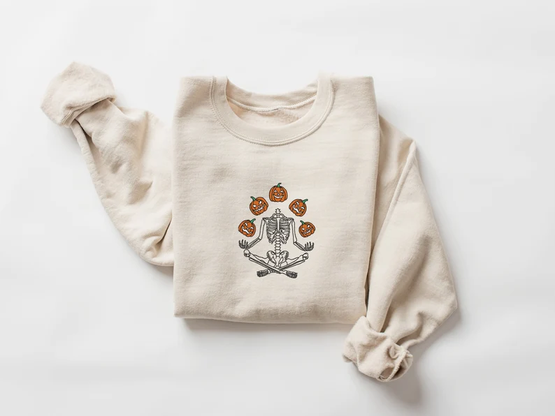 Skeleton Pumpkin Embroidered Sweatshirt– Spooky Fall Halloween Crewneck