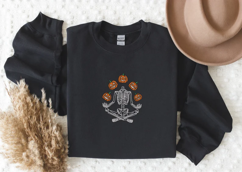 Skeleton Pumpkin Embroidered Sweatshirt– Spooky Fall Halloween Crewneck