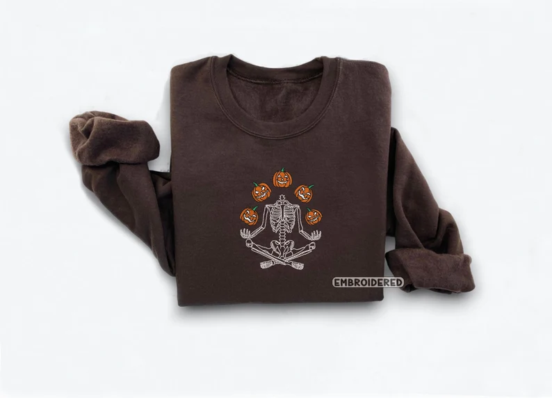 Skeleton Pumpkin Embroidered Sweatshirt– Spooky Fall Halloween Crewneck