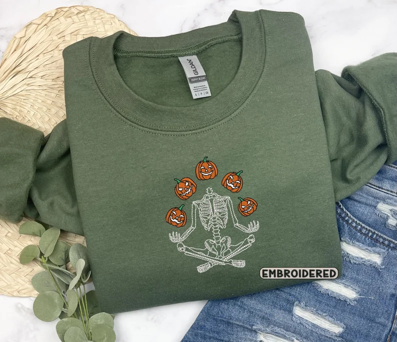Skeleton Pumpkin Embroidered Sweatshirt– Spooky Fall Halloween Crewneck
