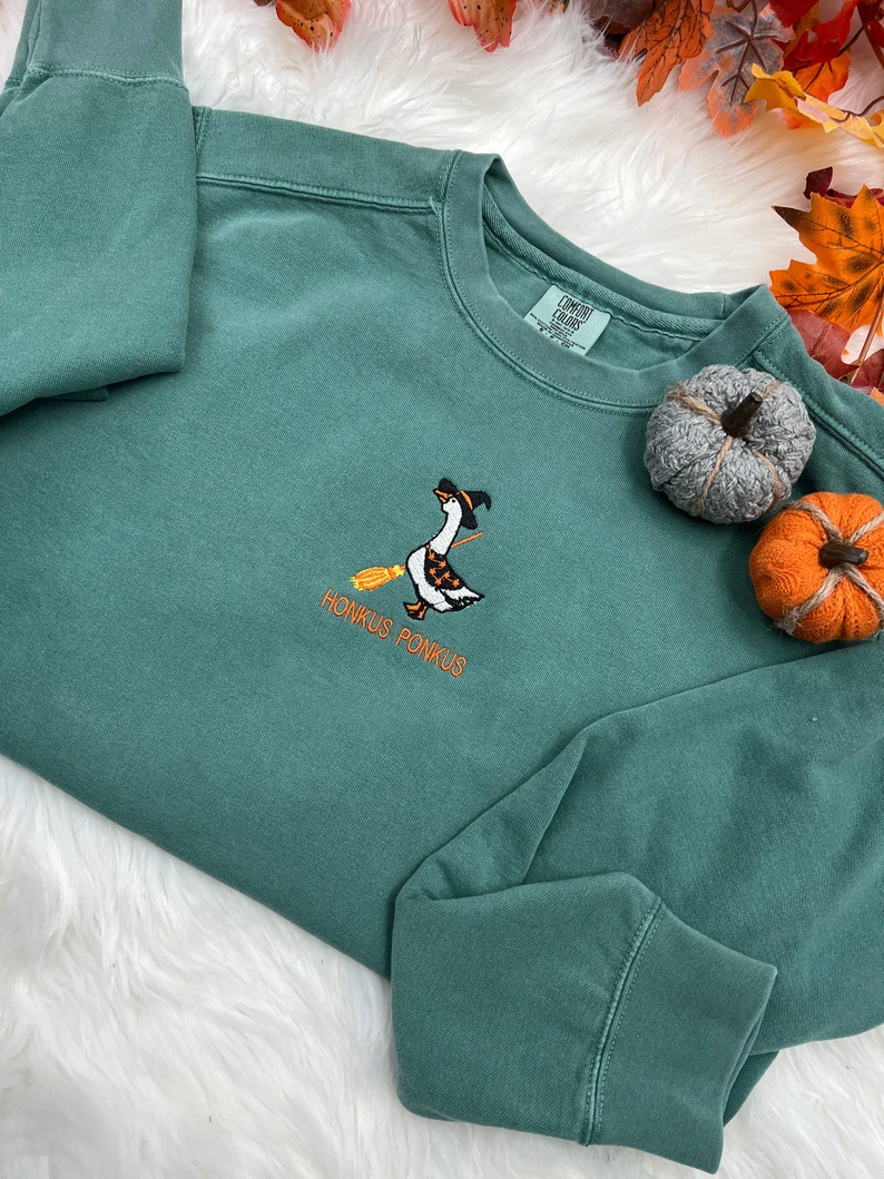 Embroidered Goose Witch Sweatshirt – Honkus Ponkus Halloween Crewneck Premium Sweatshirt Comfort Color