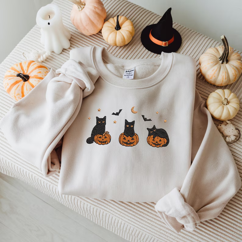 Embroidered Black Cat Halloween Sweatshirt โ Cute Fall Pumpkin Crewneck