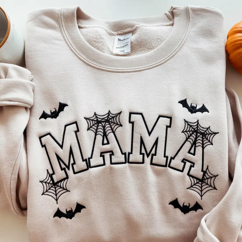 Mama Embroidered Halloween Sweatshirt โ Cute Bat Mom Hoodie & Fall Crewneck Gift