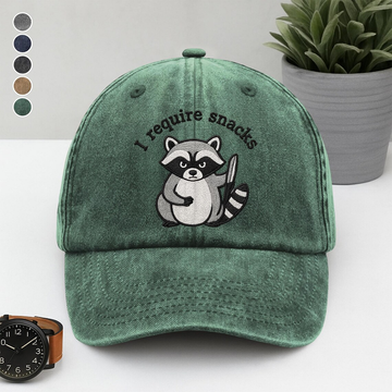 I Require Snacks Raccoon Embroidered Hat