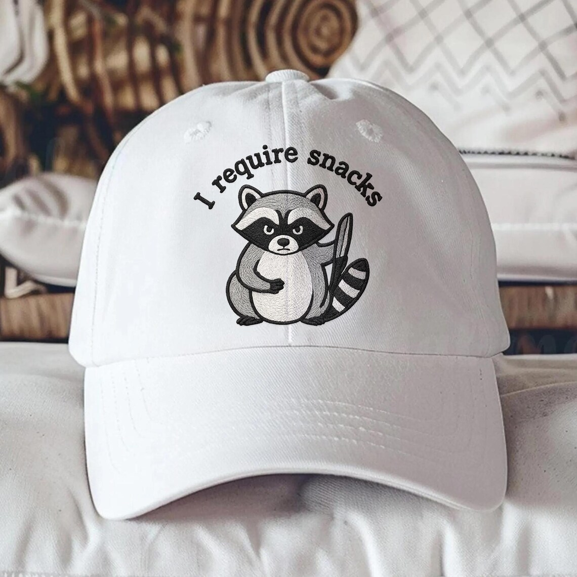 I Require Snacks Raccoon Embroidered Hat