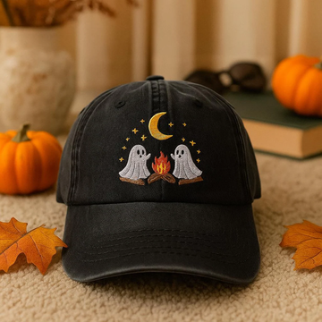 Embroidered Ghost Camping Hat – Vintage Halloween Snapback Cap, Spooky Season Gift
