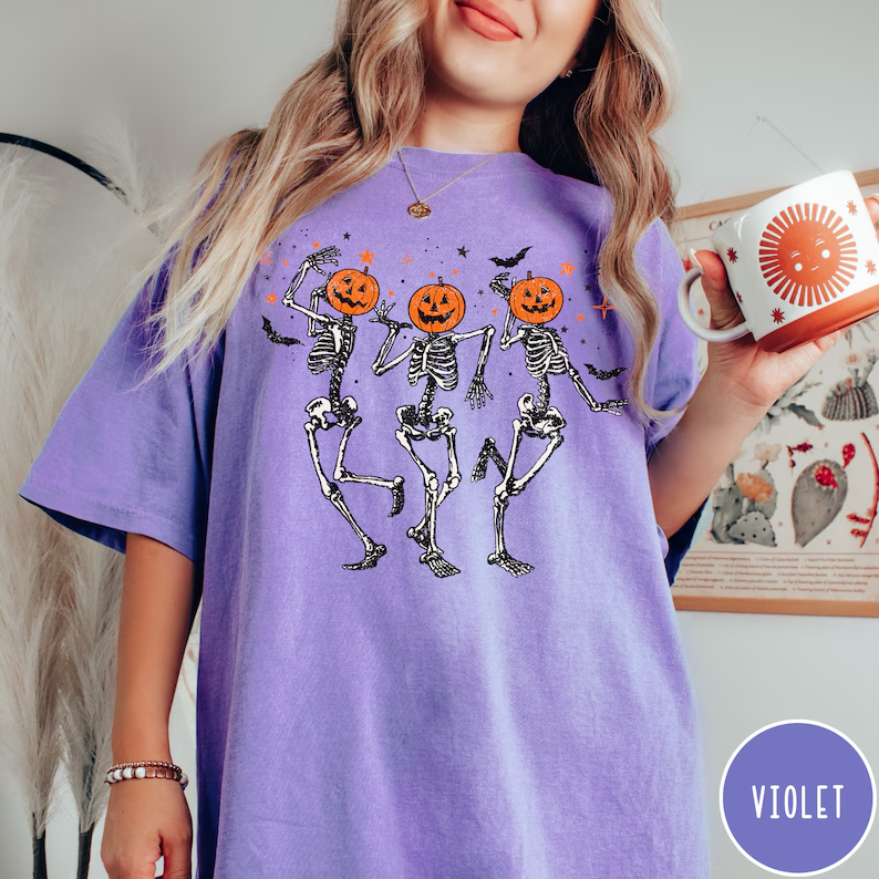 Trendy Retro Halloween Shirt, Dancing Skeletons Graphic Tee