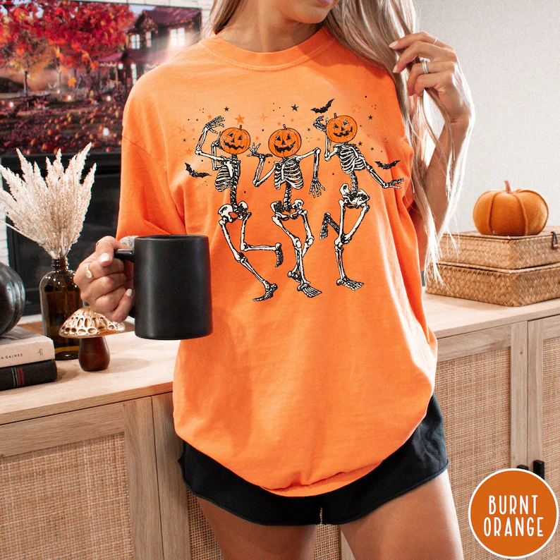 Trendy Retro Halloween Shirt, Dancing Skeletons Graphic Tee