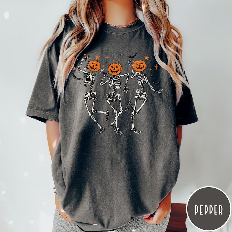 Trendy Retro Halloween Shirt, Dancing Skeletons Graphic Tee