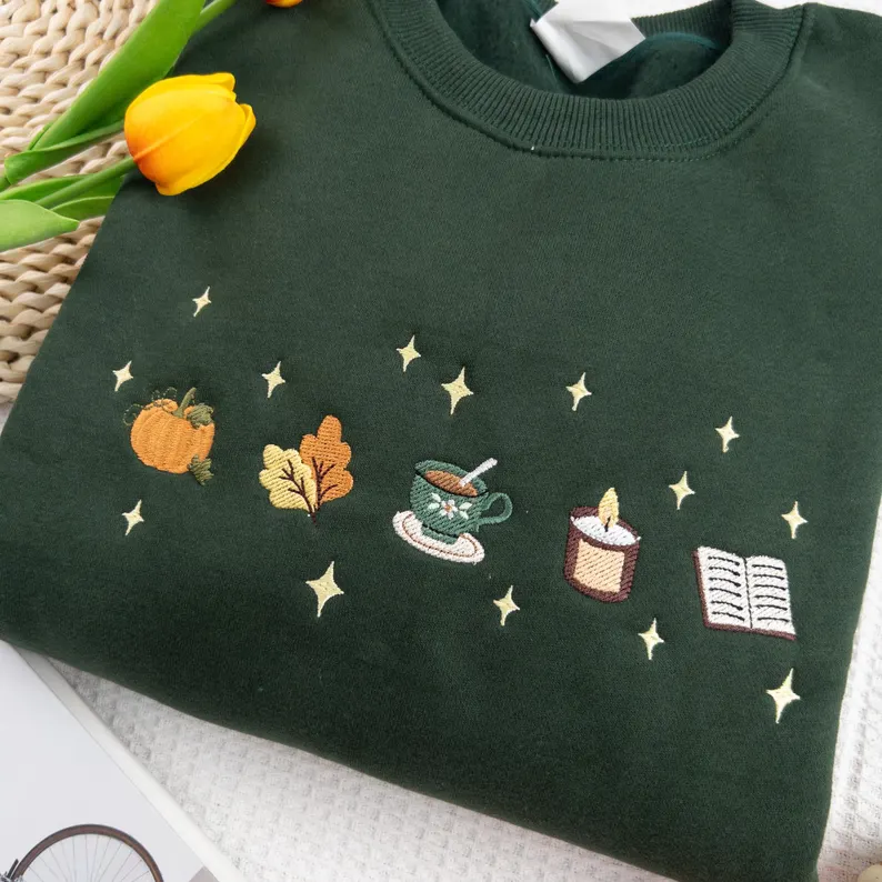Autumn Icons Embroidered Sweatshirt, Pumpkin and Books Fall Shirt